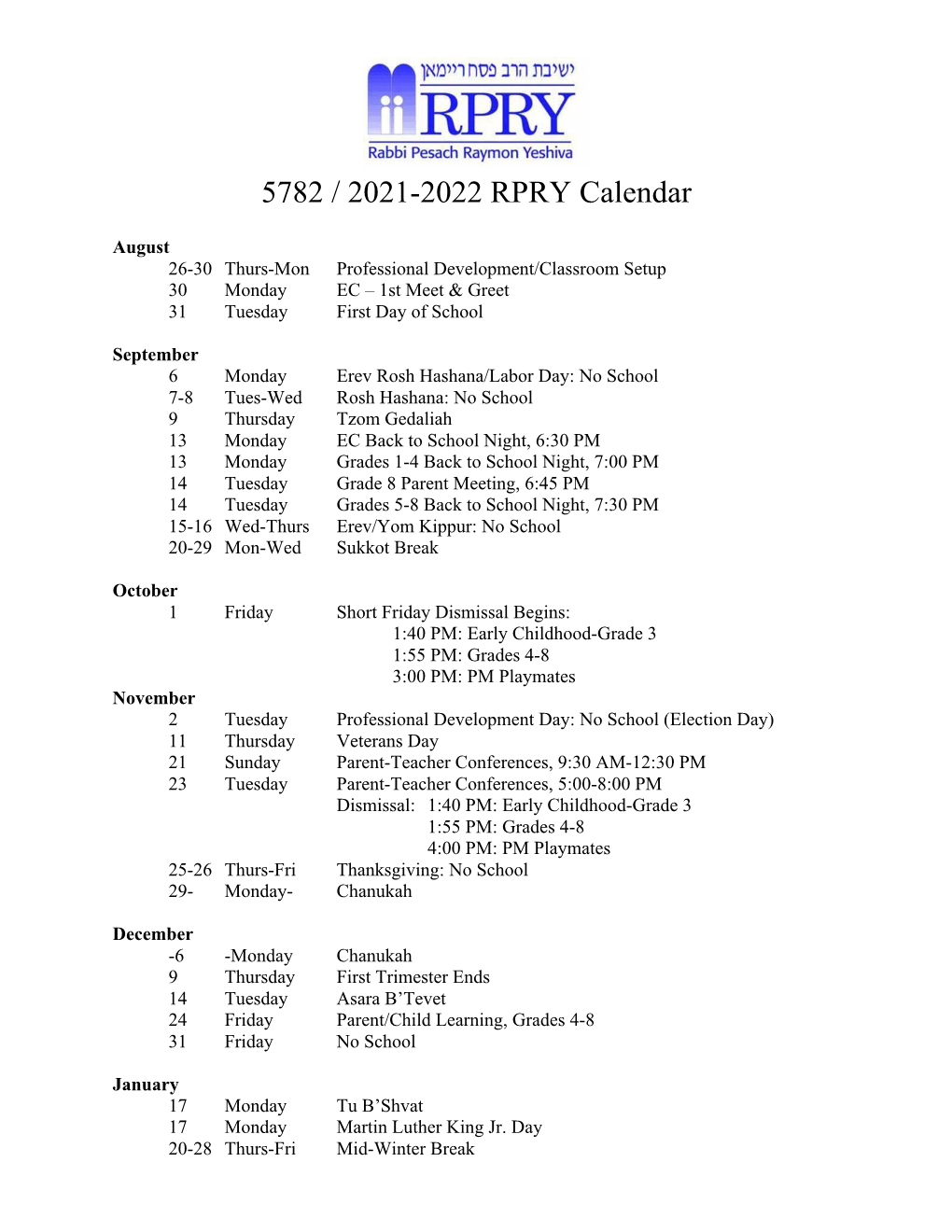 2021-2022 RPRY Calendar List