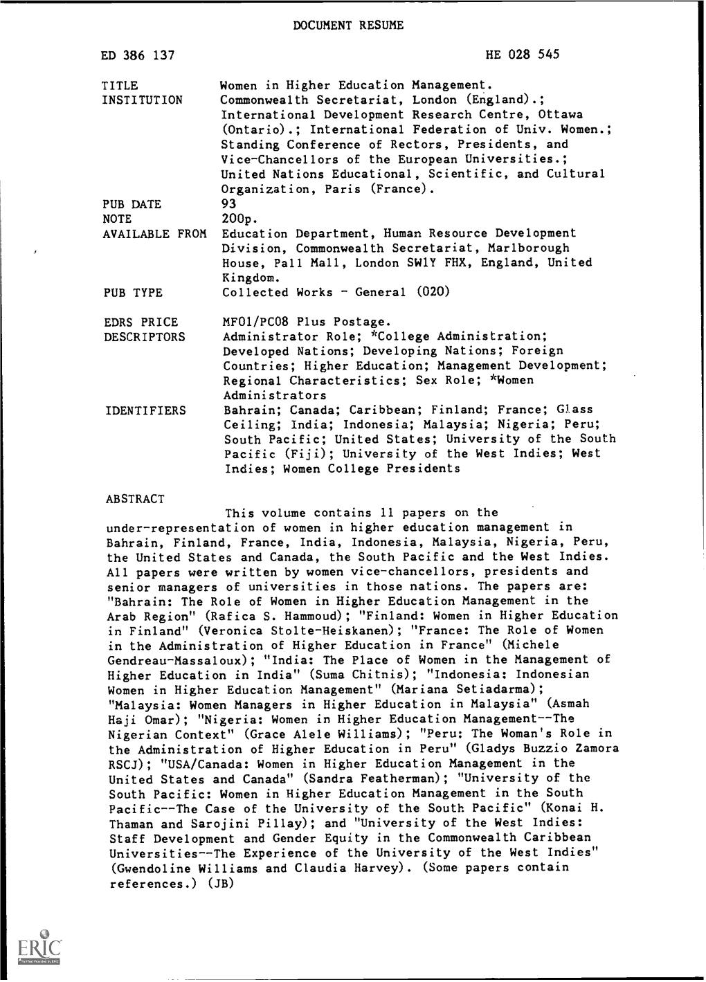 DOCUMENT RESUME ED 386 137 HE 028 545 TITLE Women