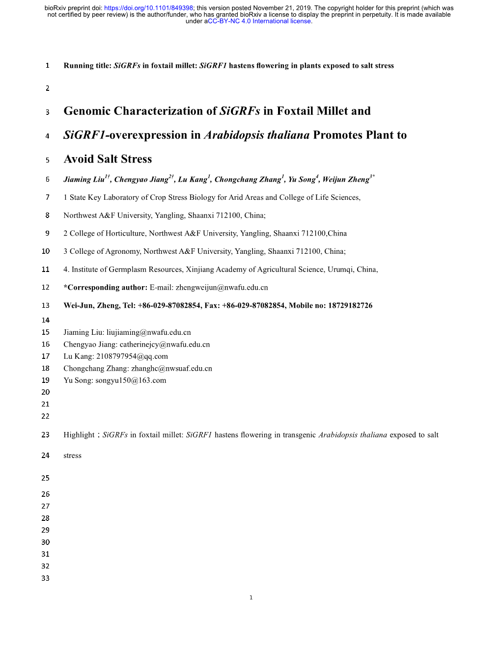 Genomic Characterization of Sigrfs in Foxtail Millet and Sigrf1