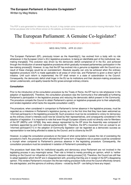 The European Parliament: a Genuine Co-Legislator? Written by Meg Walters