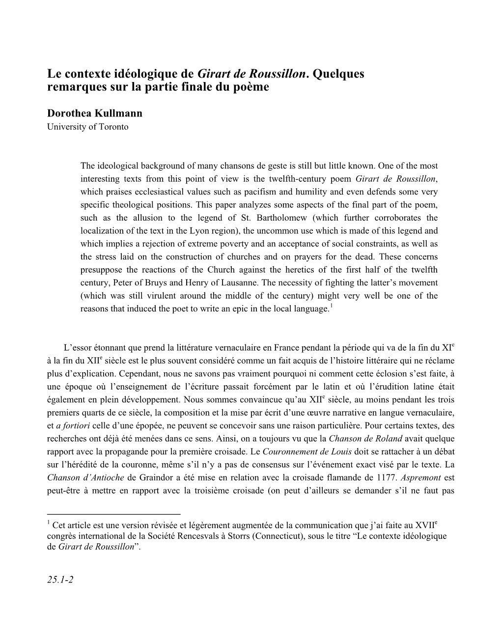 Le Contexte Idéologique De Girart De Roussillon. Quelques Remarques Sur La Partie Finale Du Poème