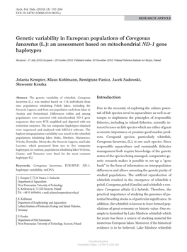Genetic Variability in European Populations of Coregonus Lavaretus (L.): an Assessment Based on Mitochondrial ND-1 Gene Haplotypes