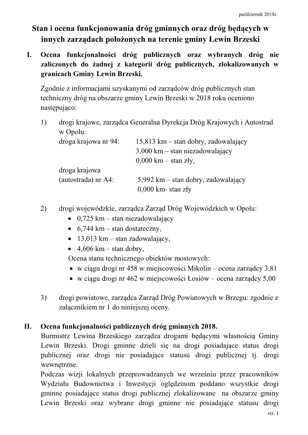 Stan I Ocena Funkcjonowania Dróg Gminnych Oraz Dróg Będących W Innych Zarządach Położonych Na Terenie Gminy Lewin Brzeski