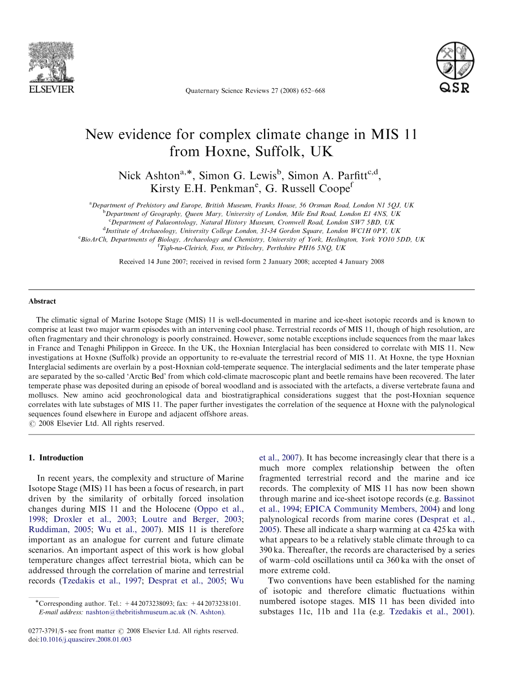 New Evidence for Complex Climate Change in MIS 11 from Hoxne, Suffolk, UK