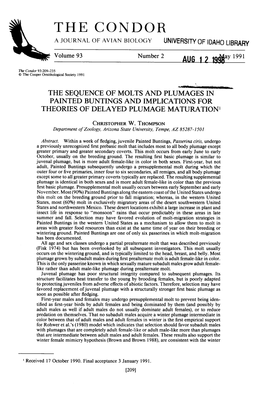 The Sequence of Molts and Plumages in Painted Buntings and Implications for Theories of Delayed Plumage Maturation’