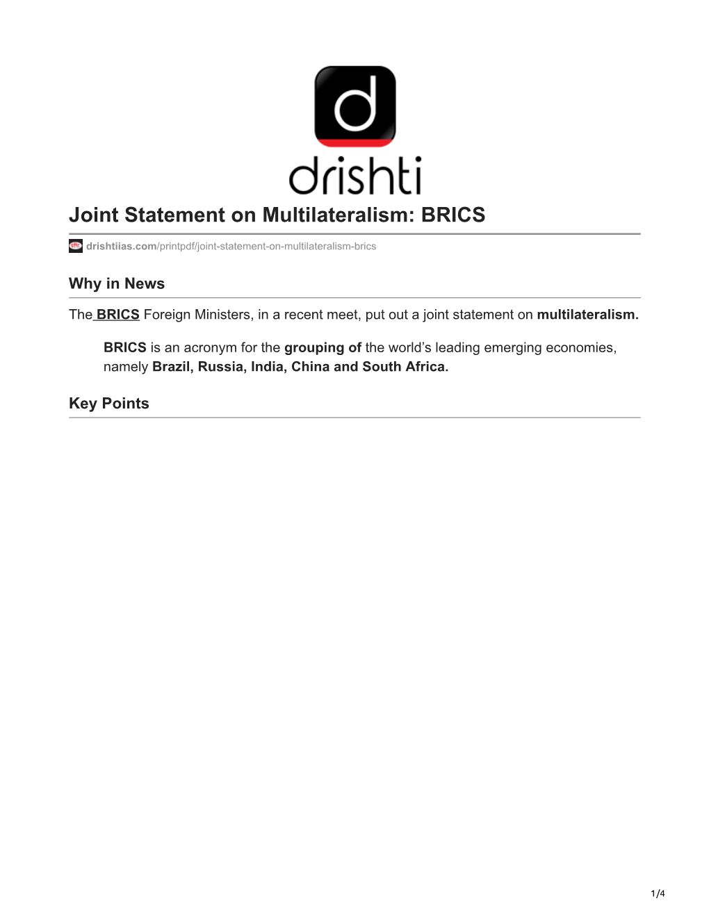 Joint Statement on Multilateralism: BRICS