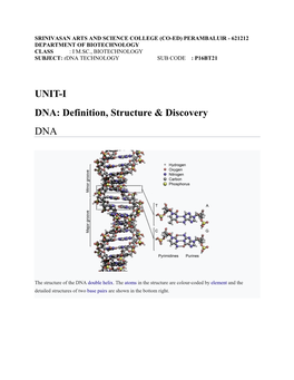 UNIT-I DNA: Definition, Structure & Discovery DNA