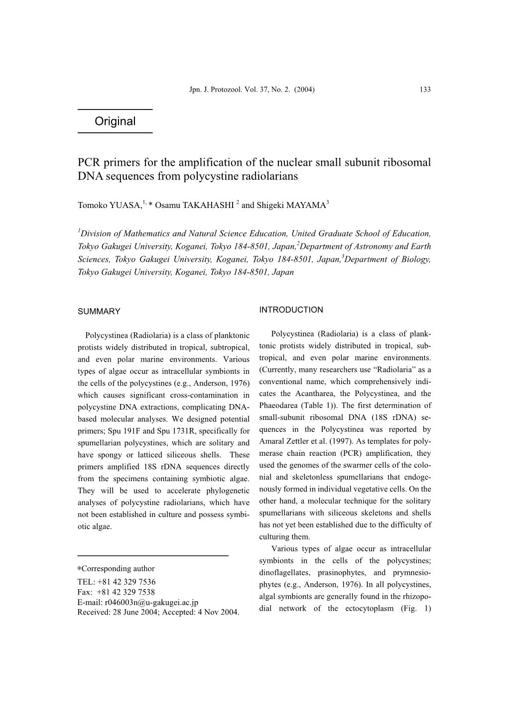 PCR Primers for the Amplification of the Nuclear Small Subunit Ribosomal DNA Sequences from Polycystine Radiolarians Original