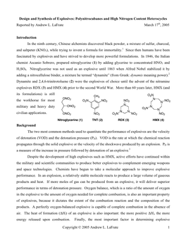 Design and Synthesis of Explosives: Polynitrocubanes and High Nitrogen Content Heterocycles Reported by Andrew L