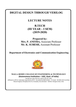 Digital Design Through Verilog Lecture Notes B.Tech (Iii Year – I Sem)