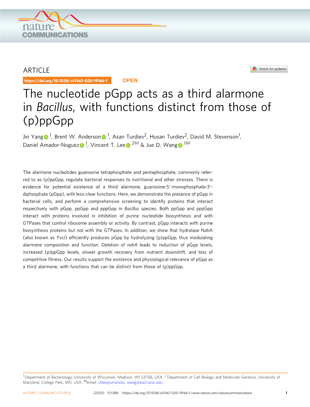 The Nucleotide Pgpp Acts As a Third Alarmone in Bacillus, with Functions Distinct from Those of (P)Ppgpp