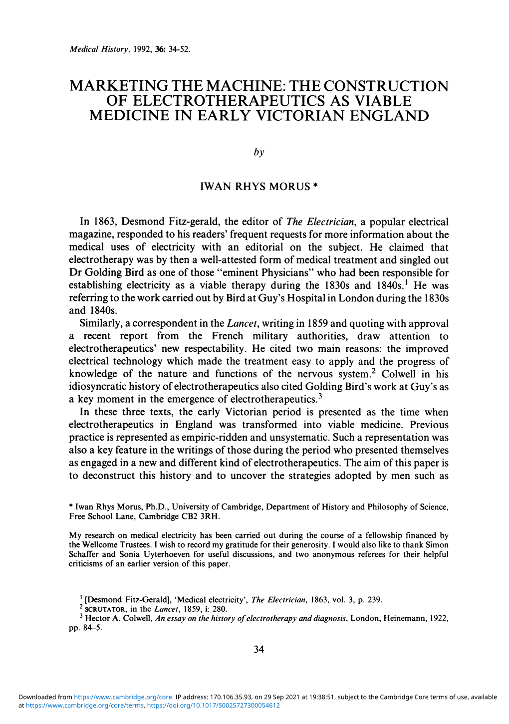 Marketing the Machine: the Construction of Electrotherapeutics As Viable Medicine in Early Victorian England