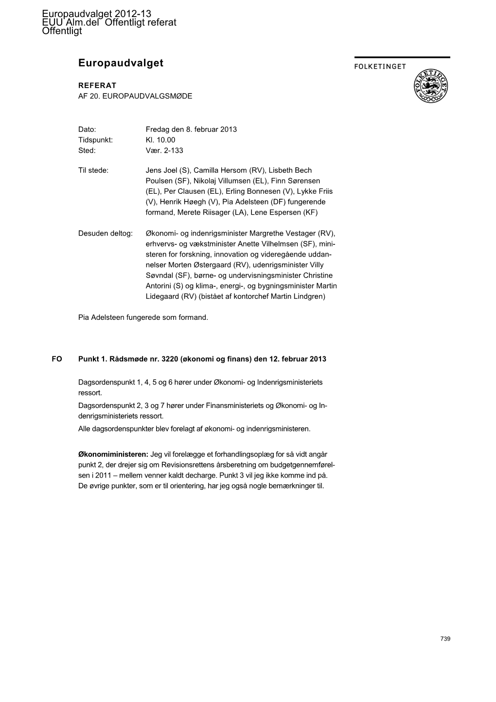 EUU Alm.Del Offentligt Referat : EUU Udvalgsmødereferat M 20, 8-2