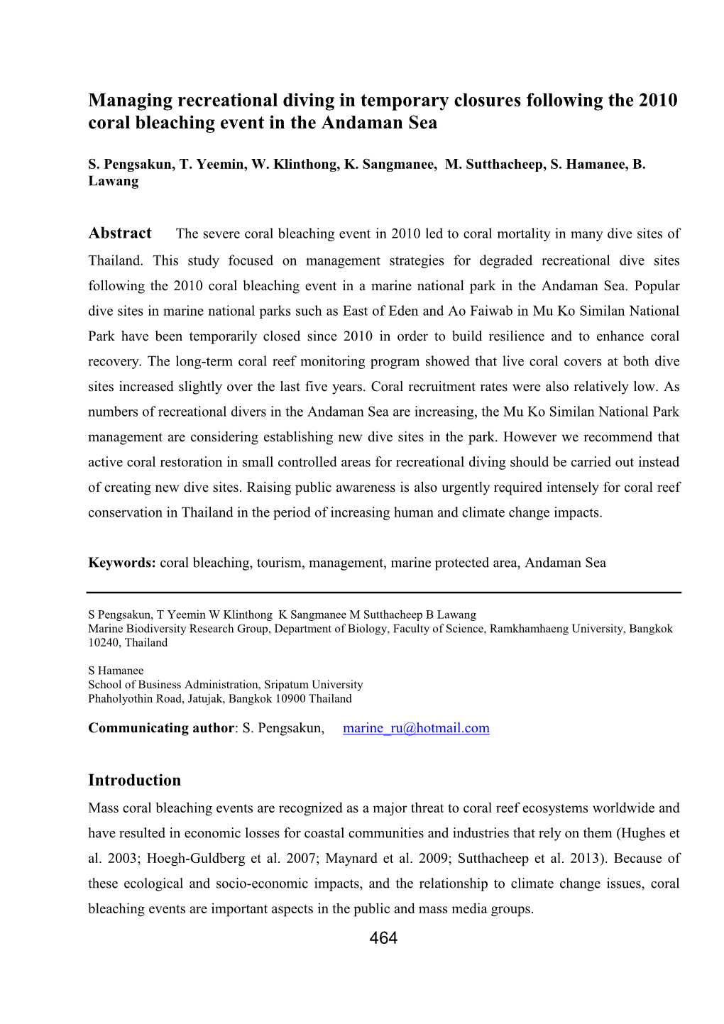 Managing Recreational Diving in Temporary Closures Following the 2010 Coral Bleaching Event in the Andaman Sea