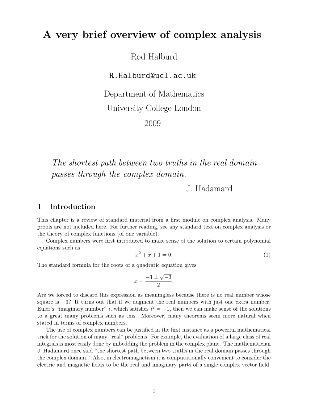 A Very Brief Overview of Complex Analysis