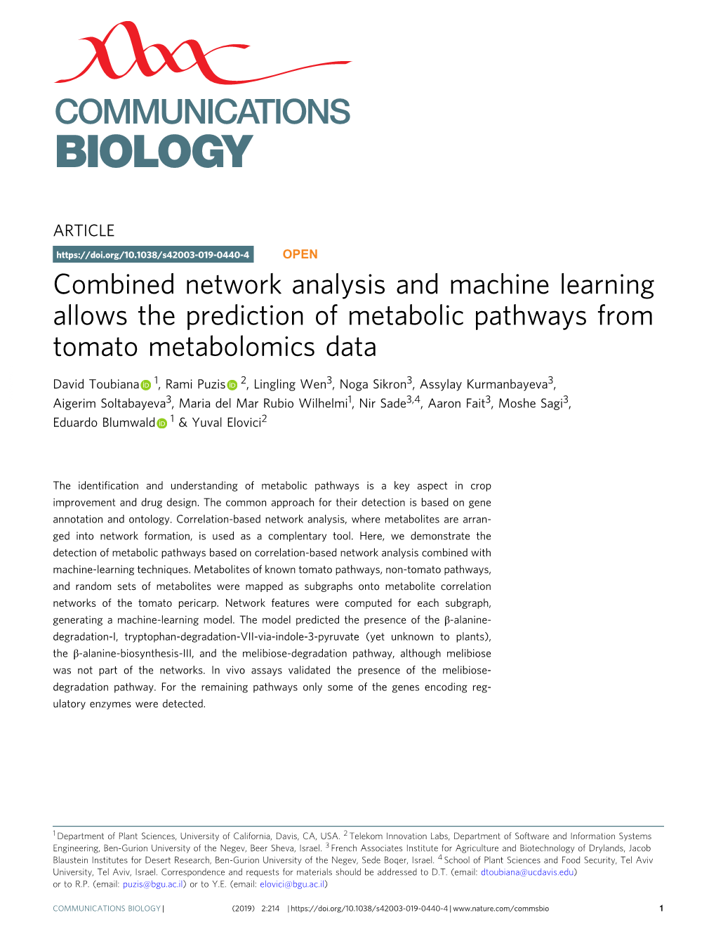 Combined Network Analysis and Machine Learning Allows the Prediction of Metabolic Pathways from Tomato Metabolomics Data