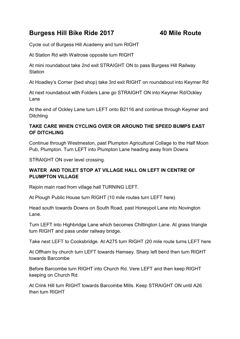 Burgess Hill Bike Ride 2017 40 Mile Route