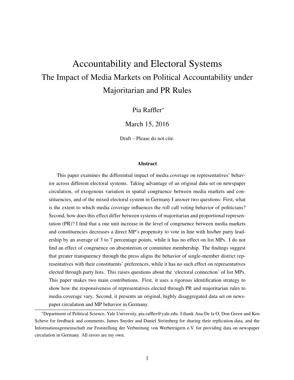 Accountability and Electoral Systems the Impact of Media Markets on Political Accountability Under Majoritarian and PR Rules