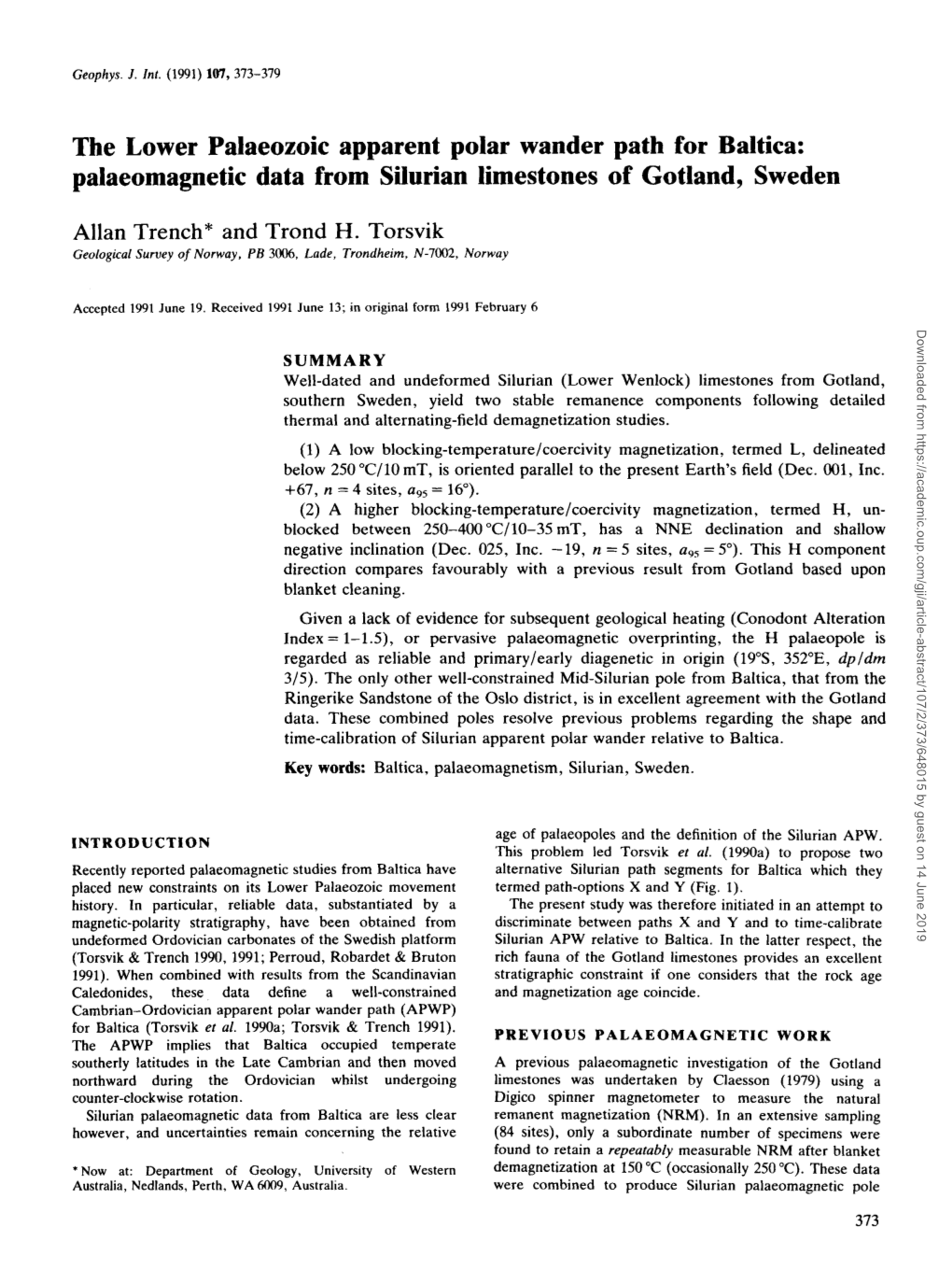 The Lower Palaeozoic Apparent Polar Wander Path for Baltica: Palaeomagnetic Data from Silurian Limestones of Gotland, Sweden