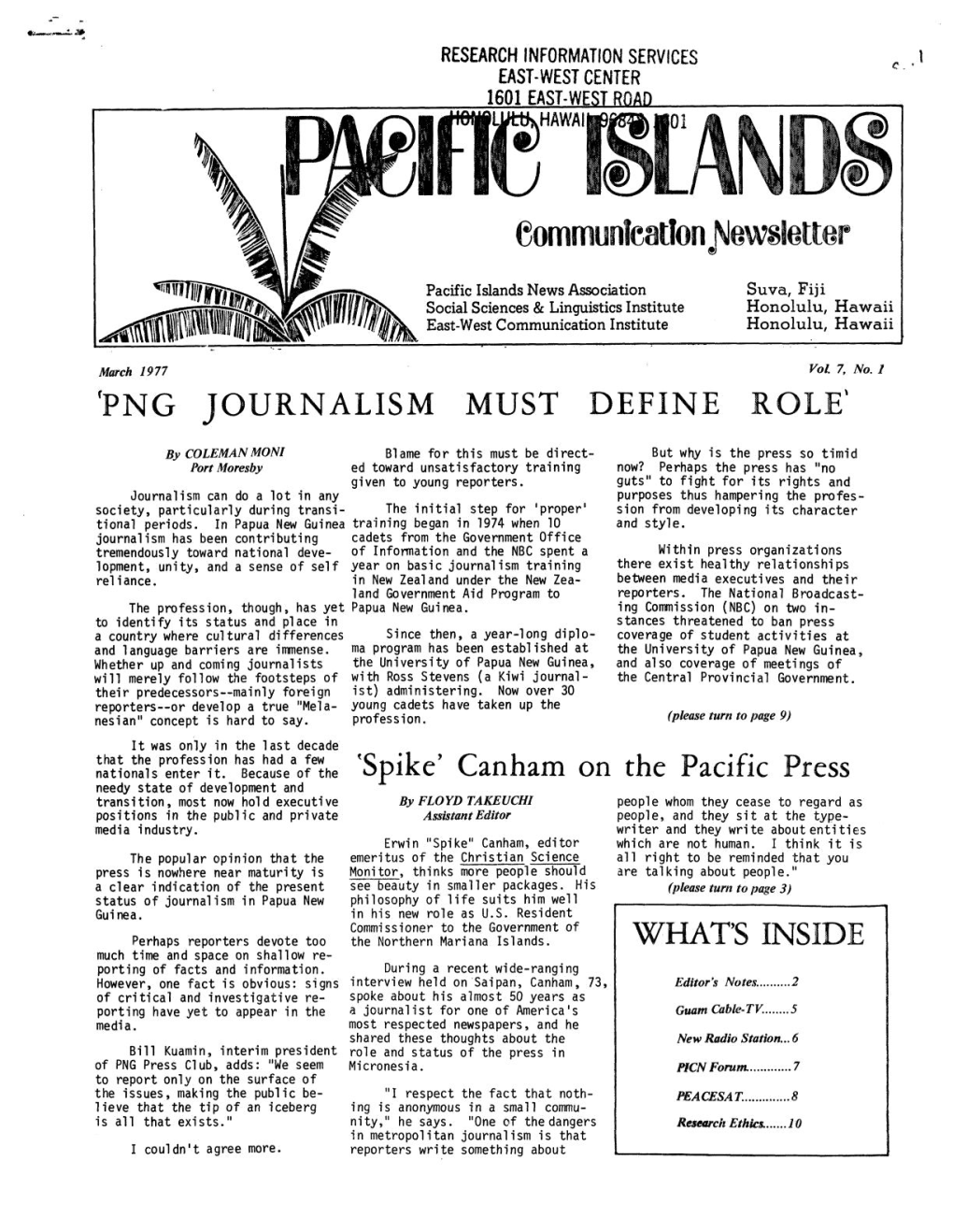 Pacific Islands Communication Newsletter, March 1977, Vol. 7, No. 1
