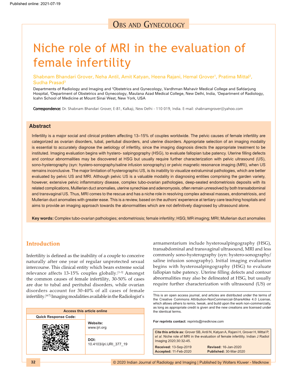 Niche Role of MRI in the Evaluation of Female Infertility