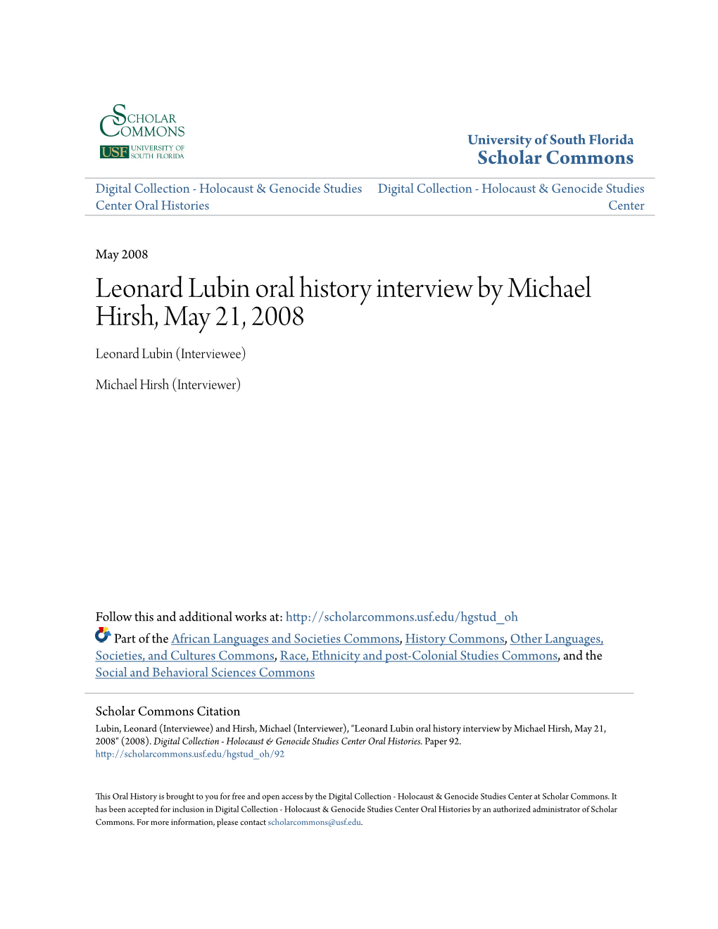 Leonard Lubin Oral History Interview by Michael Hirsh, May 21, 2008 Leonard Lubin (Interviewee)