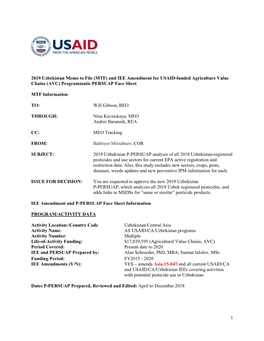 1 2019 Uzbekistan Memo to File (MTF) and IEE Amendment for USAID-Funded Agriculture Value Chains (AVC) Programmatic PERSUAP Face