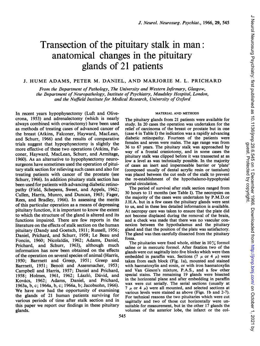 Transection of the Pituitary Stalk in Man Anatomical Changes in the