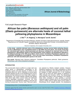 Borassus Aethiopum) and Oil Palm (Elaeis Guineensis) Are Alternate Hosts of Coconut Lethal Yellowing Phytoplasma in Mozambique
