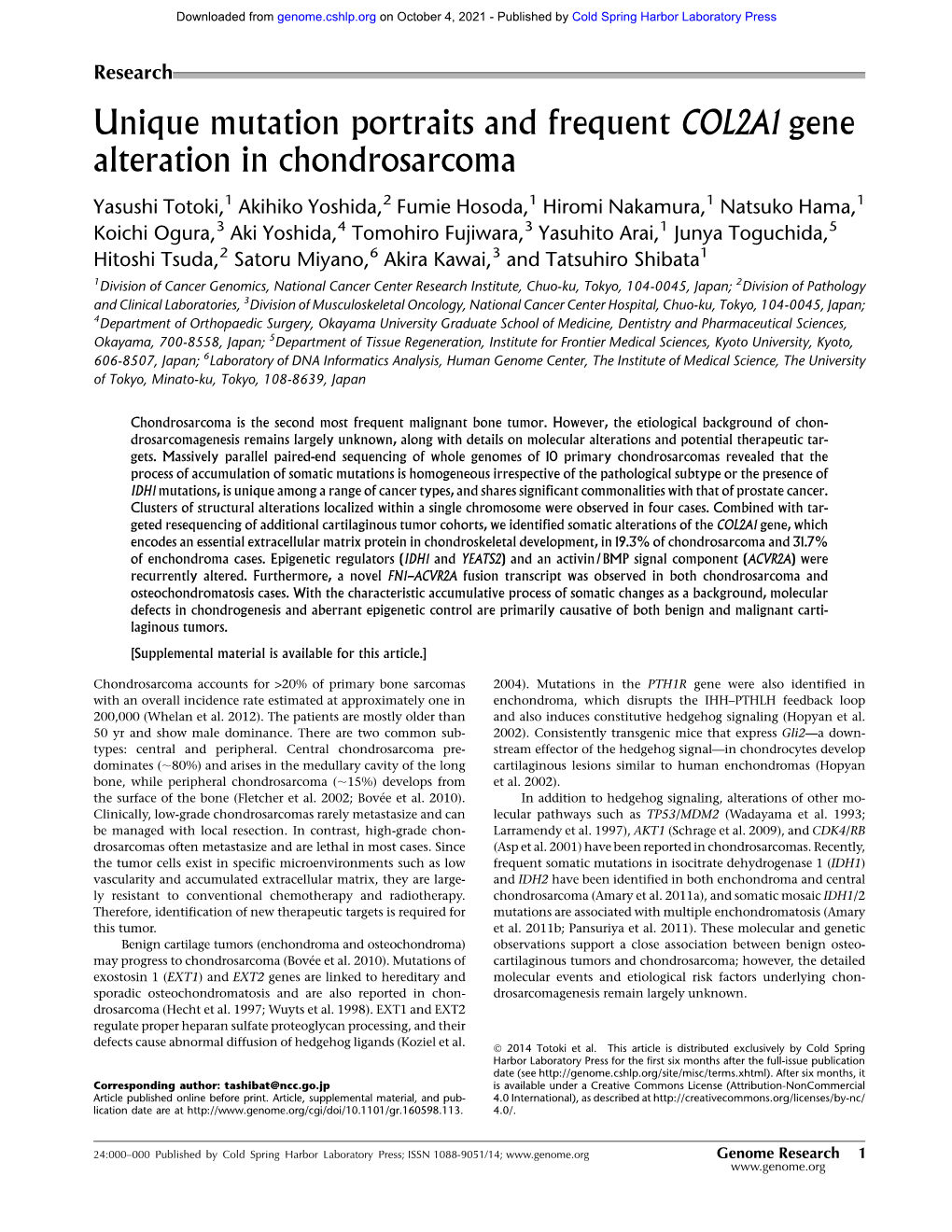 Unique Mutation Portraits and Frequent COL2A1 Gene Alteration in Chondrosarcoma