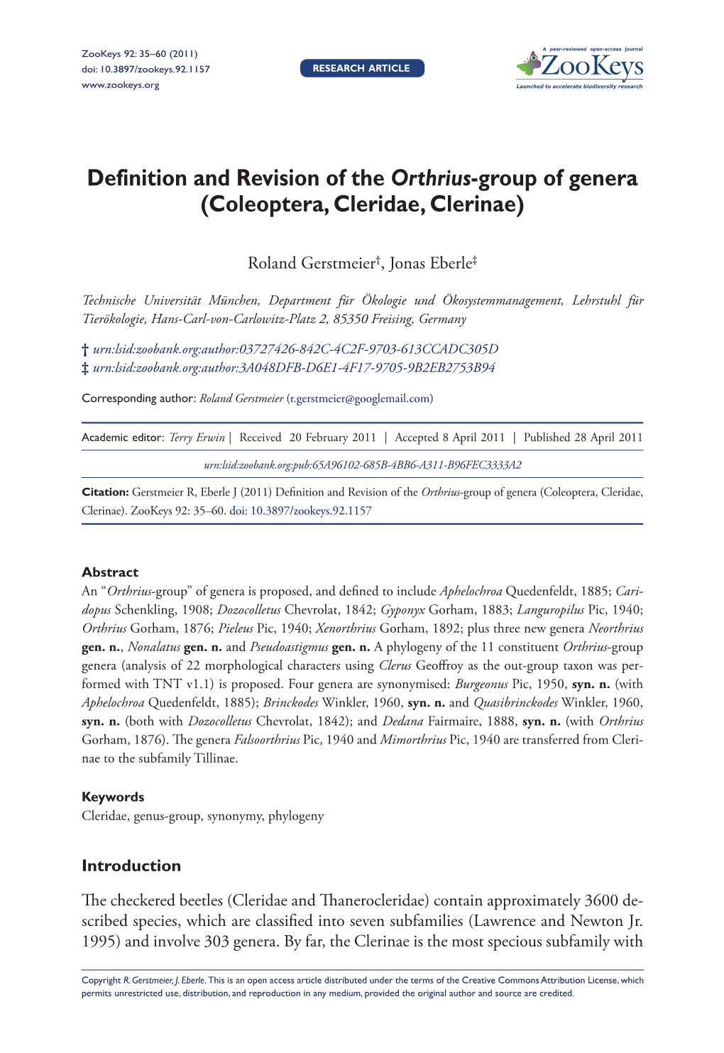 Coleoptera, Cleridae, Clerinae) 35 Doi: 10.3897/Zookeys.92.1157 RESEARCH ARTICLE Launched to Accelerate Biodiversity Research