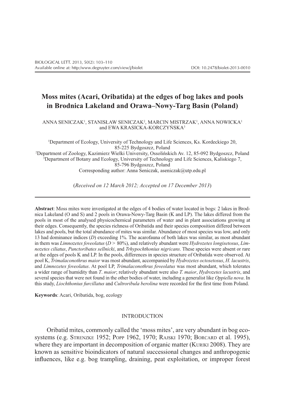 Moss Mites (Acari, Oribatida) at the Edges of Bog Lakes and Pools in Brodnica Lakeland and Orawa–Nowy-Targ Basin (Poland)