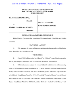 IN the UNITED STATES DISTRICT COURT for the NORTHERN DISTRICT of TEXAS DALLAS DIVISION BELAIR ELECTRONICS, INC., Plaintiff, V. R