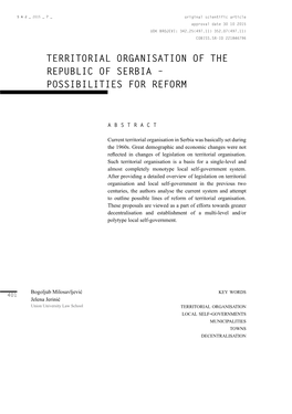 Territorial Organisation of the Republic of Serbia – Possibilities for Reform
