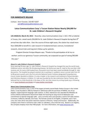 FOR IMMEDIATE RELEASE Lotus Communications Corp.'S Tucson
