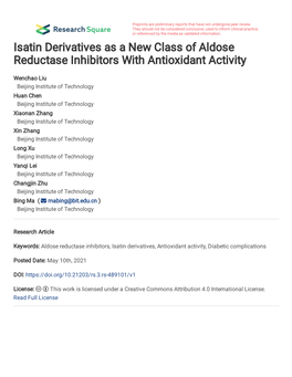 Isatin Derivatives As a New Class of Aldose Reductase Inhibitors with Antioxidant Activity