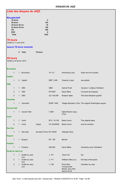 Liste Des Disques De JAZZ 78 Tours 45 Tours