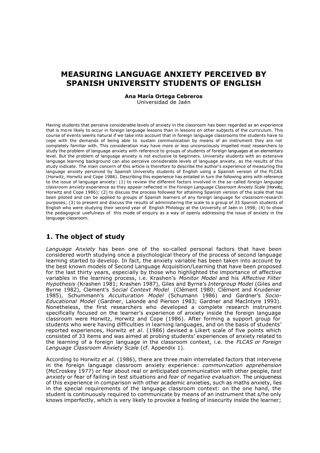 Measuring Language Anxiety Perceived by Spanish University Students of English