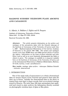 Baldone Schmidt Telescope Plate Archive and Catalogue