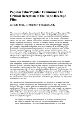 Popular Film/Popular Feminism: the Critical Reception of the Rape-Revenge Film Jacinda Read, Demontfort University, UK