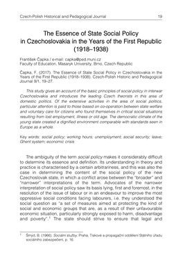 The Essence of State Social Policy in Czechoslovakia in the Years of the First Republic (1918–1938)