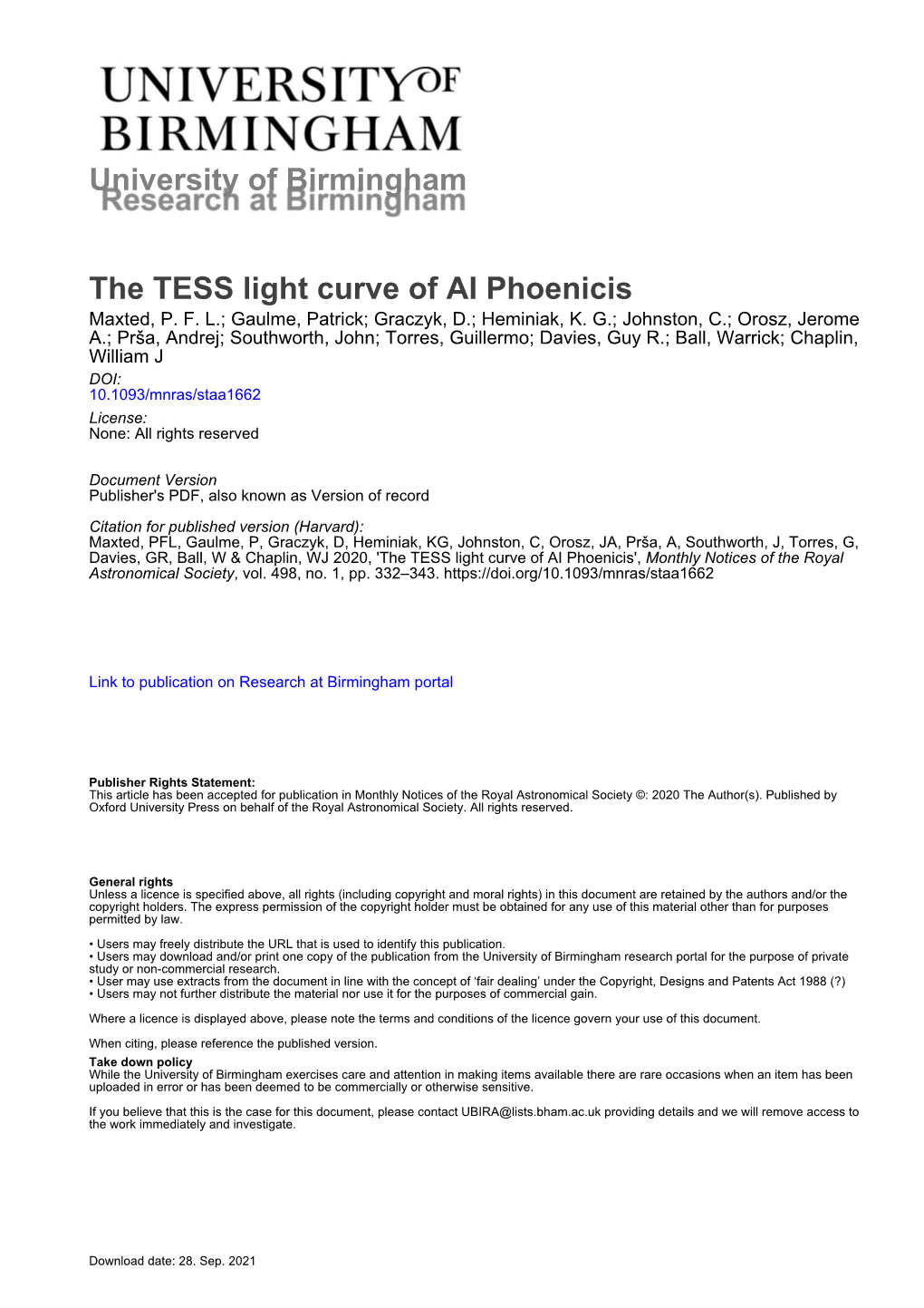 University of Birmingham the TESS Light Curve of AI Phoenicis