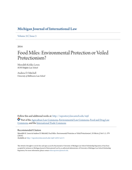 Food Miles: Environmental Protection Or Veiled Protectionism? Meredith Kolsky Lewis SUNY Buffalo Law School