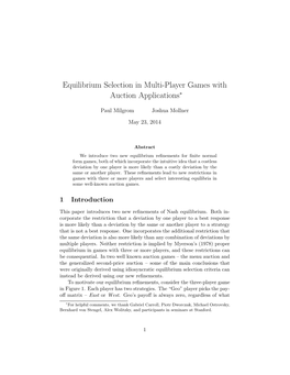 Equilibrium Selection in Multi-Player Games with Auction Applications∗
