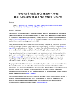Proposed Anahim Connector Road Risk Assessment and Mitigation Reports