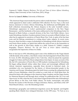 ALH Online Review, Series XIX 1 Vanessa K. Valdés, Diasporic Blackness: the Life and Times of Arturo Alfonso Schomburg (Albany