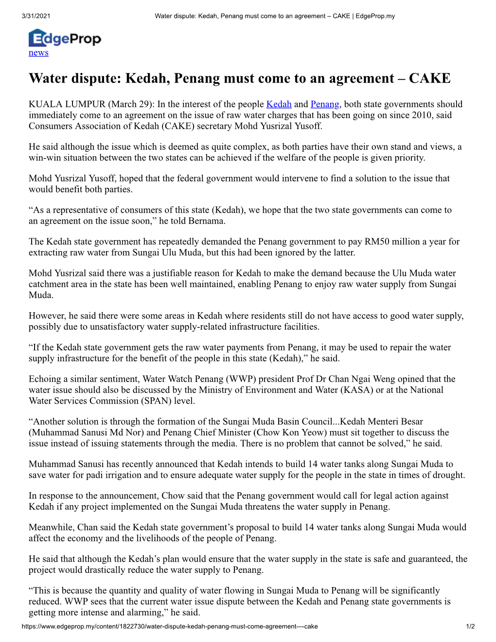 Water Dispute: Kedah, Penang Must Come to an Agreement – CAKE | Edgeprop.My
