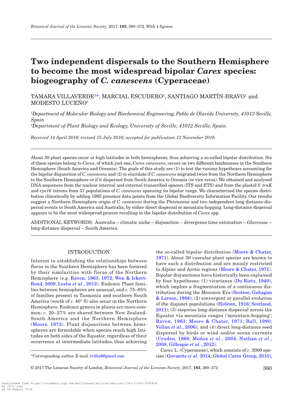 Two Independent Dispersals to the Southern Hemisphere to Become the Most Widespread Bipolar Carex Species: Biogeography of C