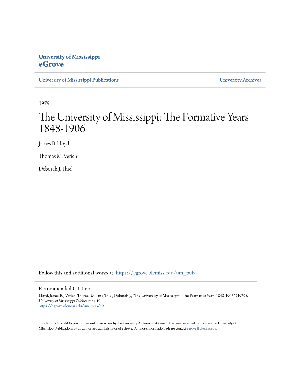 The University of Mississippi the Formative Years 1848-1906