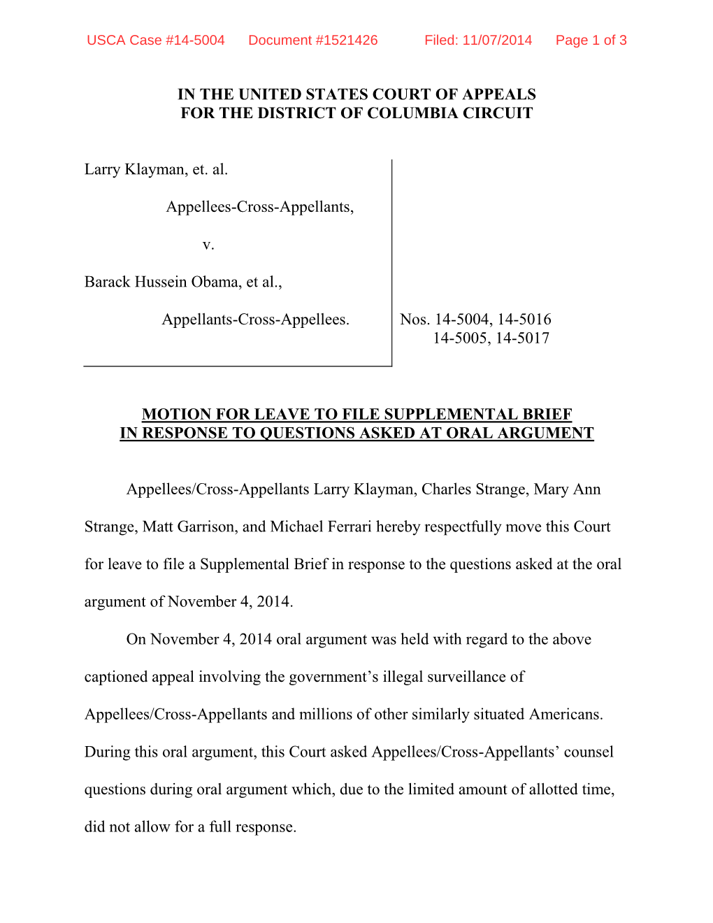 IN the UNITED STATES COURT of APPEALS for the DISTRICT of COLUMBIA CIRCUIT Larry Klayman, Et. Al. Appellees-Cross-Appellants, V